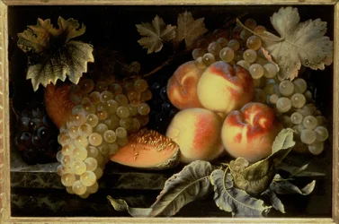 Stillleben mit Pfirsichen, Melone und Trauben